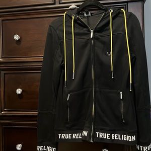 Black/yellow True Religion zip up hoodie in size small